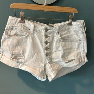 We The Free (Free People) White Distressed Button-Fly Denim Shorts Sz 28